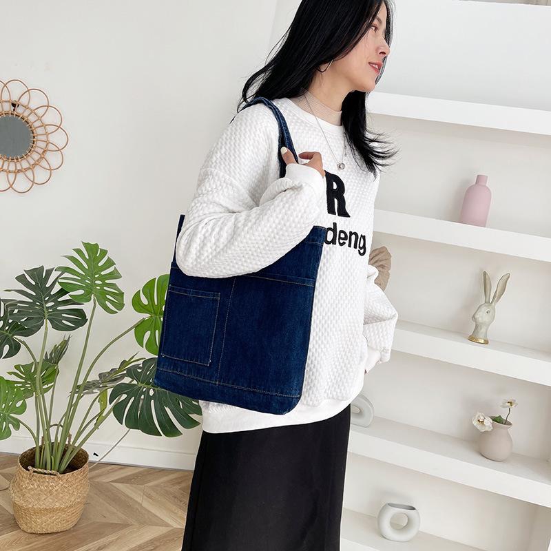 Denim Canvas Tote Bag for Women Casual Korean Style Shoulder Bag with Pockets Durable Hand Washable Daily Commute Accessory