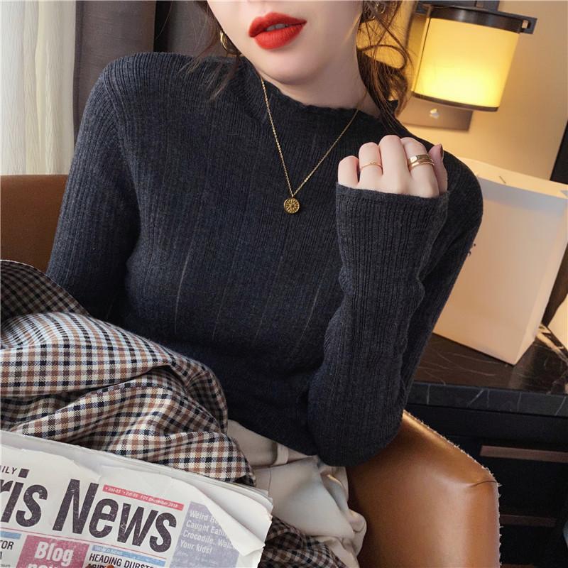 Early spring fungus edge bottoming shirt women's thin slightly transparent sexy long-sleeved sweater inside pure desire wind knitted top