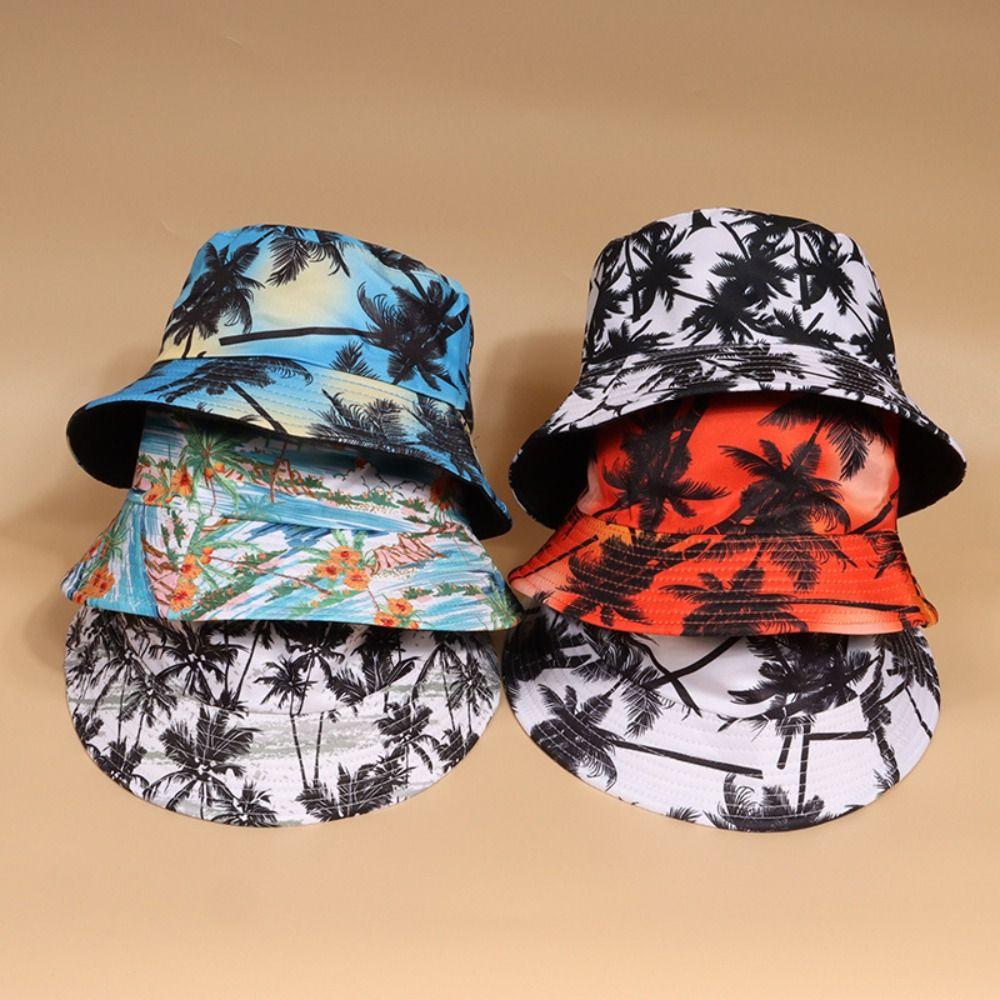 Fashion Bohemian Style Fisherman Hat Coconut Tree Print Casual Sun Hat UV Protection Lightweight Beach Hat Outdoor Activities