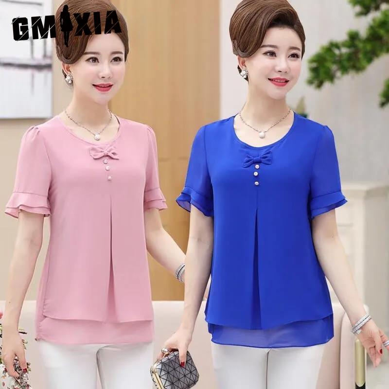 GMXIA Women's Fashion Casual Solid Color Print Short Sleeve O Neck Blouses & Shirts