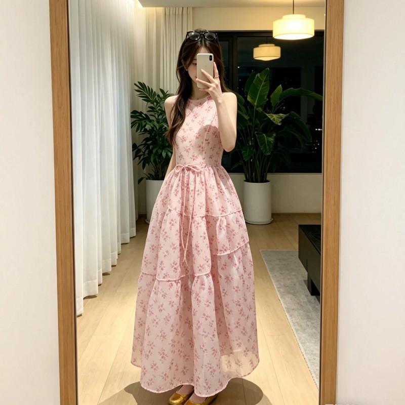 2026 Floral Print Sleeveless A-Line Midi Dress Women Cinched Waist Pink Chic Beach Vacation