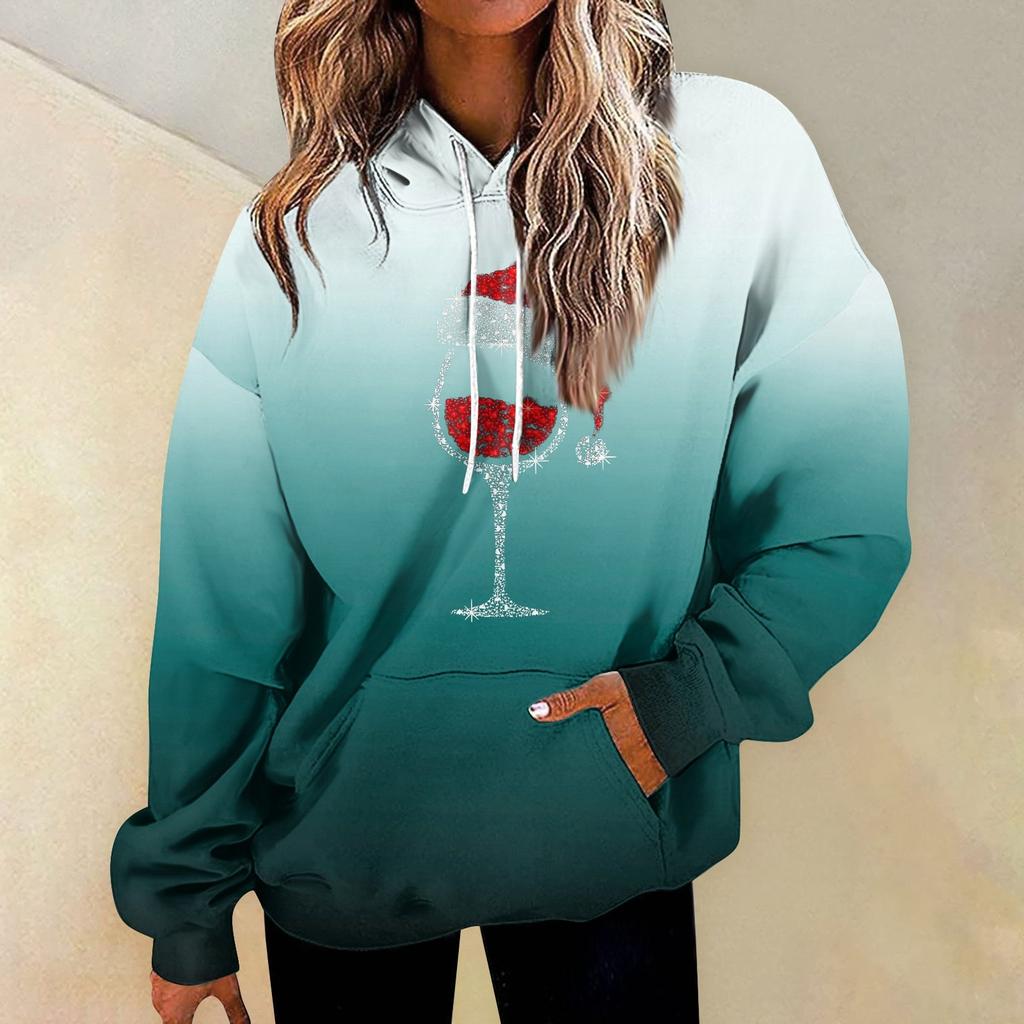 Damen Sweatshirt mit Weihnachtsmuster, Übergroßes Sweatshirt mit Kordelzug und Tasche, Trendy Sweater Tops, Modische Kleidung
