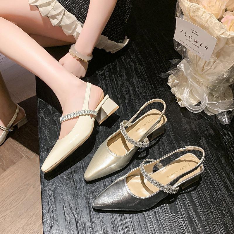 One word with rhinestone sandals women's summer new bag head half drag thick heel shoes pointed single shoes women's outer wear