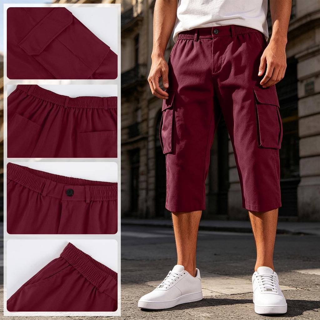 Heren Effen Kleur Knopen Elastische Taille Cargo Capri Broek met Zes Zakken Werkkleding Stijl Casual Pasvorm