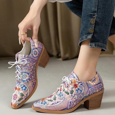 Zapatos de tacón alto con estampado de flores para primavera, talla grande, con cordones en la parte delantera, punta redonda, de cordones