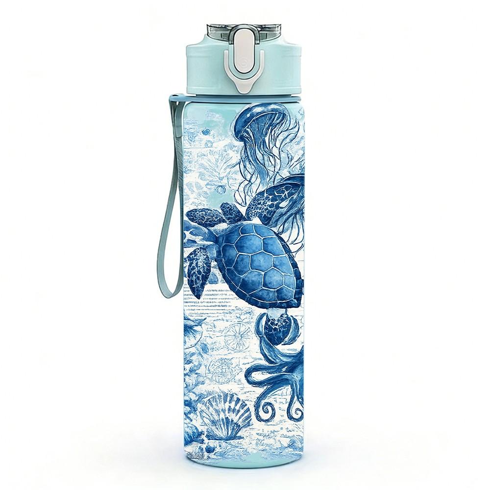1PC Blue Tone Mermaid Ocean Theme Print 750ml Color Plastic Sports Water Bottle Leakproof Flip Straw Lid Suitable for Sports Office Home Use
