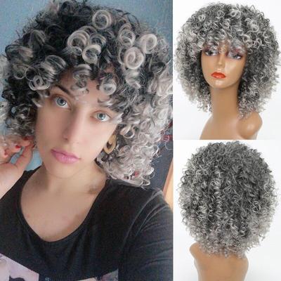 14 colių Afro Kinky garbanotas perukas Sintetinis perukas su kirpčiukais, mišrus pilkai rudas ir šviesus perukas juodaodėms moterims. Kasdienis perukas