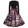 Women's Fashion Round Casual Slim Fit Christmas Print Large Swing Long Sleeve Dress