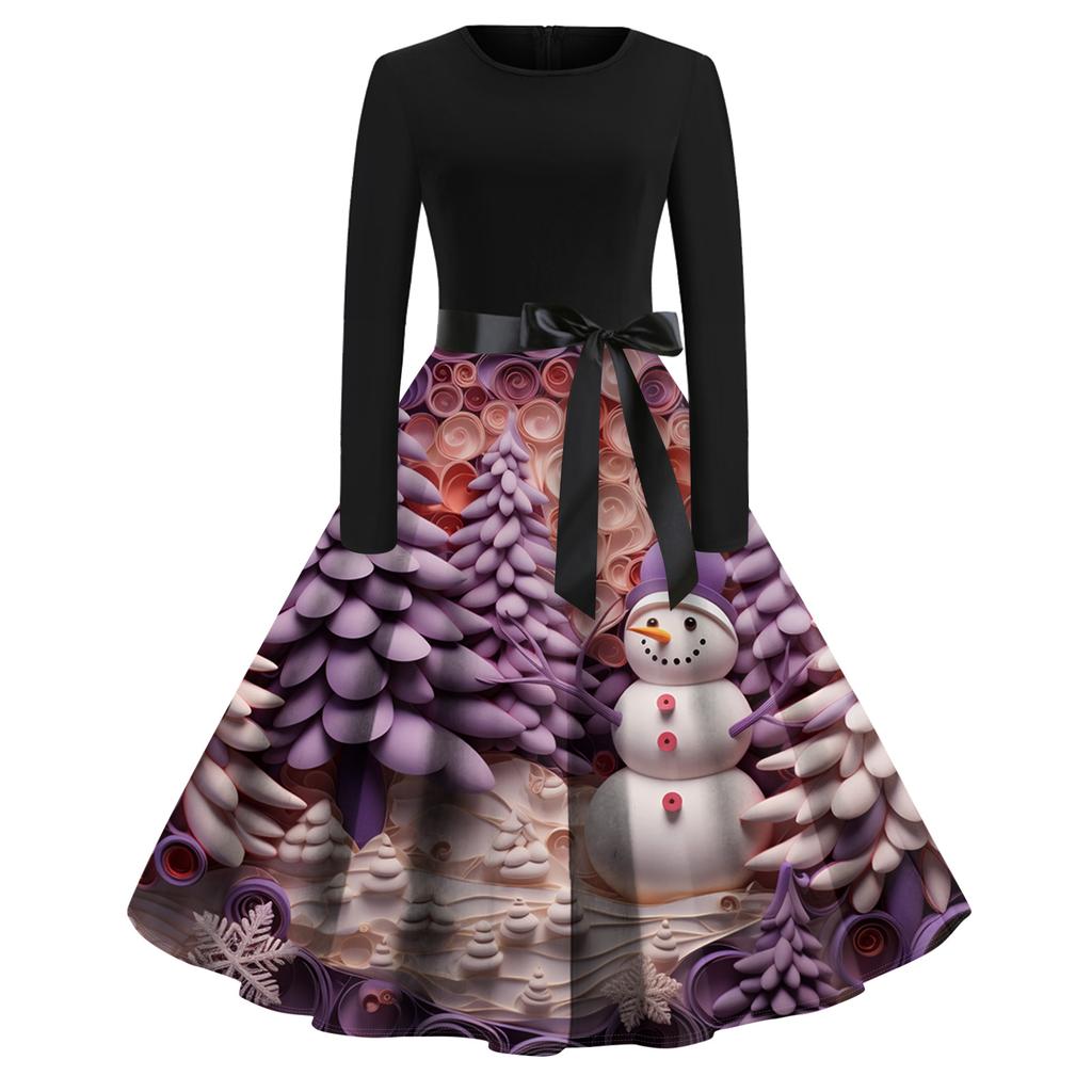 Women's Fashion Round Casual Slim Fit Christmas Print Large Swing Long Sleeve Dress