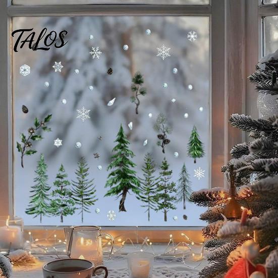 Moisture Proof Wall Decals Christmas Tree Window Clings, Green Pine Trees Snowflake Decals, Winter Interior Design Accents Reusable PVC Static