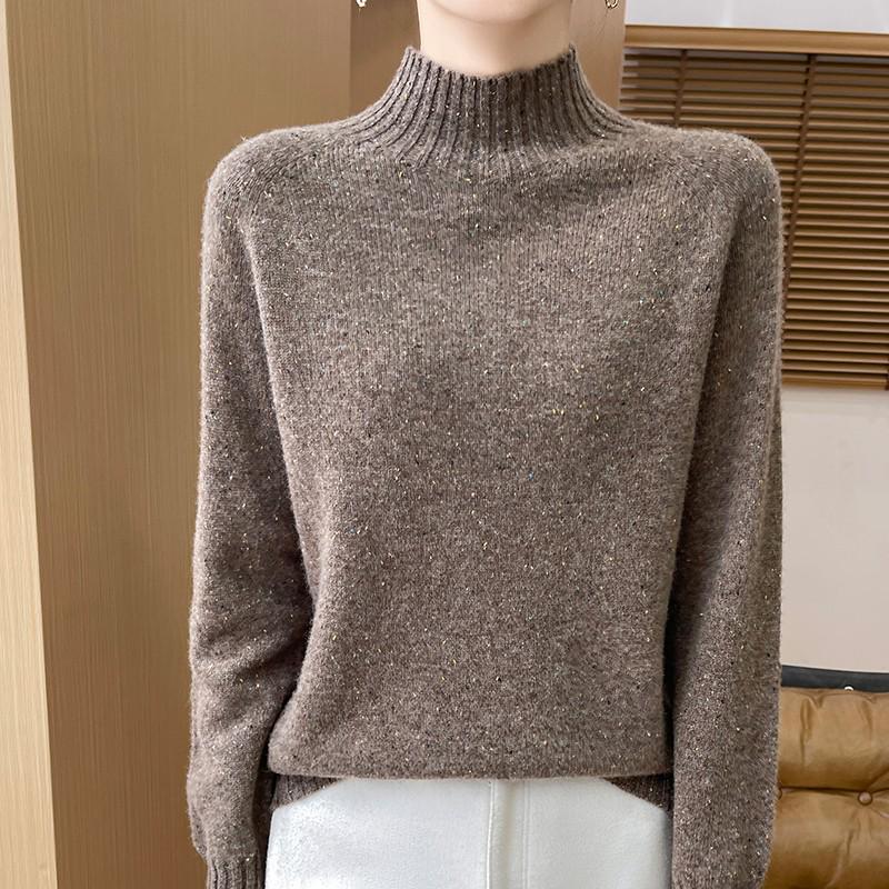 Women's Polka Dot Wool Sweater - Thick, Loose-Fit, Half-High Collar for Autumn and Winter Elegance