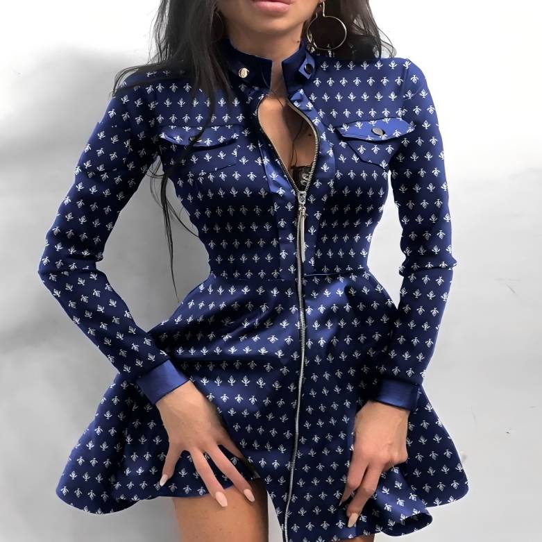 

Модна жіноча мереживна міні-сукня з довгим рукавом і блискавкою з великим подолом зі штучної шкіри S