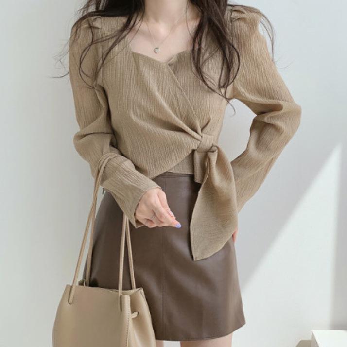 Korean Chic Square Neck Lace-up Long Sleeve Retro Shirt