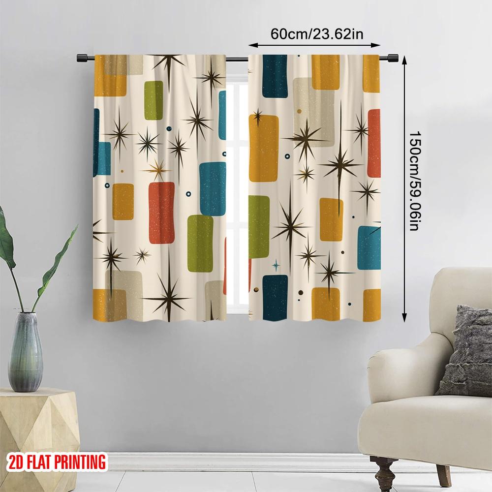 2pcs,2D Plane Printing Light Filtering Curtains Retro Squares Durable Polyester (without Rod) Room Decor Ldeal for Living Room,