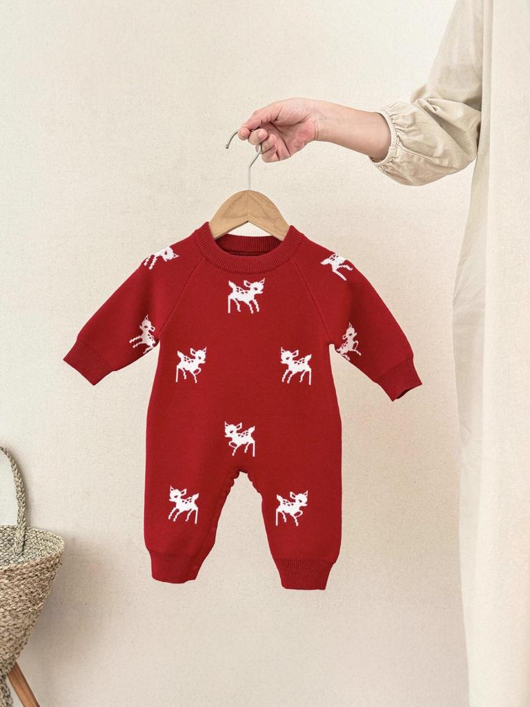 Knitted Jacquard Deer Baby Romper for Autumn & Spring - Unisex First Birthday Outfit
