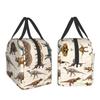 LDU Black Dinosaur Pattern Cartoon Lunch Bag, Black Bento Box, Insulated Cooler Bag with Zipper, Compact Soft Cooler Bag, Tote Eco Bag