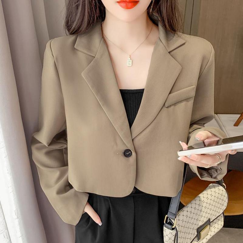Koreanische Cropped Blazer Frauen Einfarbig Einfache Single-taste Outwear Teens Alle-spiel Langarm Büro Anzug Jacke
