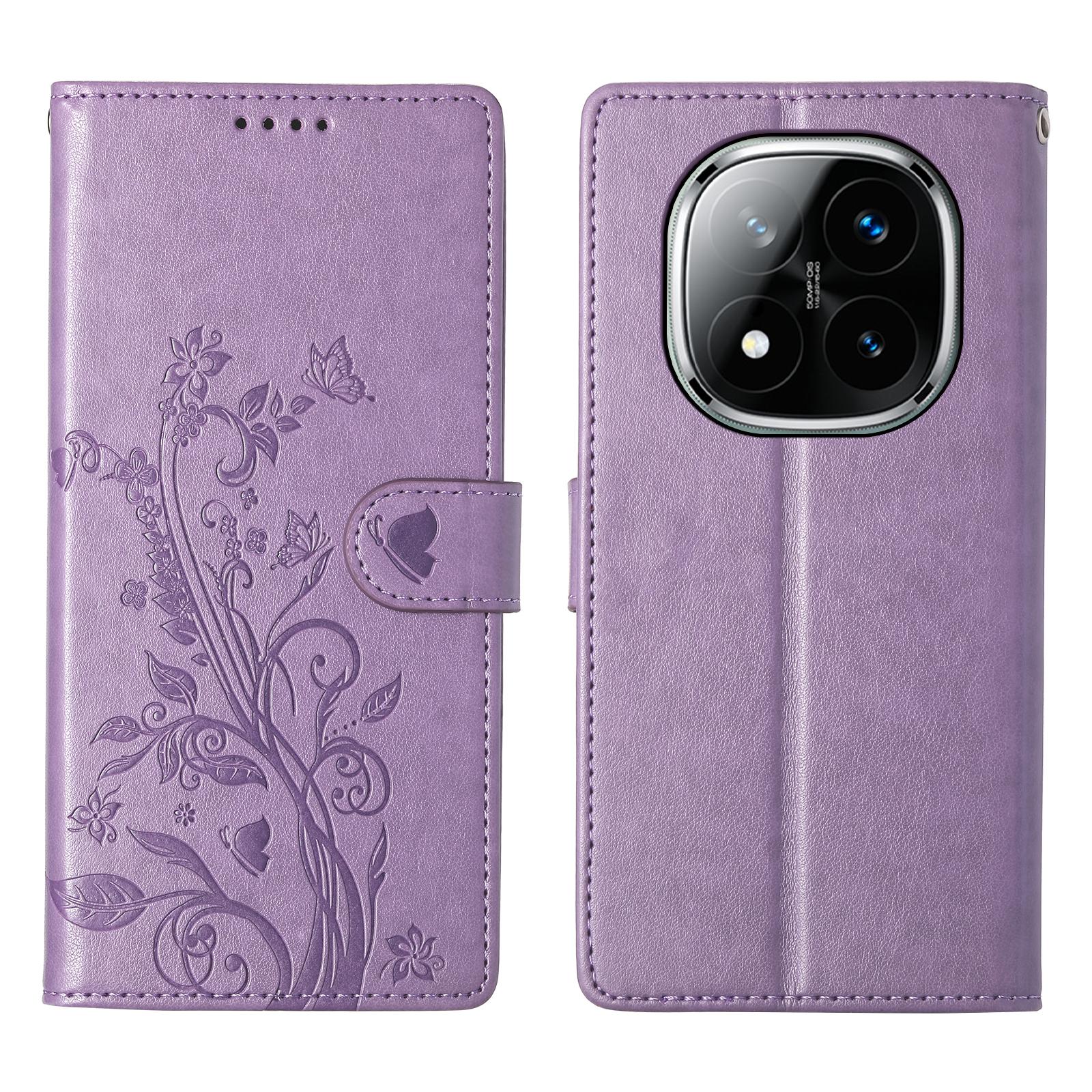 

For Xiaomi Redmi Note 14 Pro+ 5G Wallet Case Butterfly Floral Imprint PU Leather Phone Cover with Wrist Strap Purple