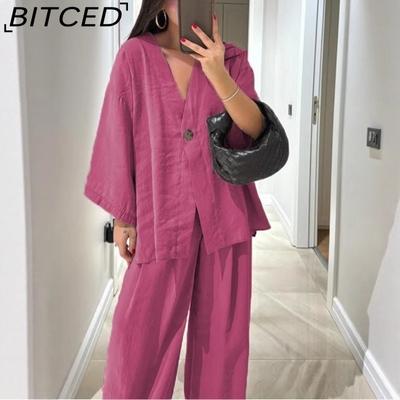 Women's Fashion Casual Set V-neck Single-Button Loose-Fit Long-Sleeve Top High-Waisted Trousers Two-Piece Set
