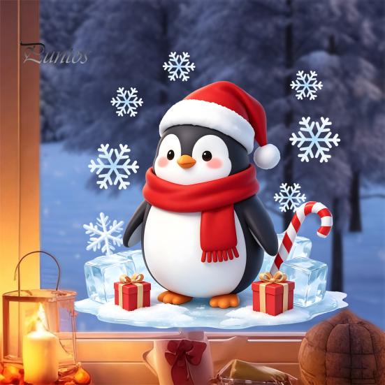 Holiday Party Glass Decor Christmas Cartoon Penguin Window Sticker, Cute Decal with Santa Hat And Winter Theme Supplies Scarf Design, PVC Waterproof