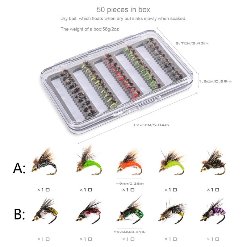 50Pcs/set Fly Fishing Lures Bass Salmon Trout Flies Fishing Tackle Dry/Wet Fishing Feather Baits Fly Fishing Flies Kits