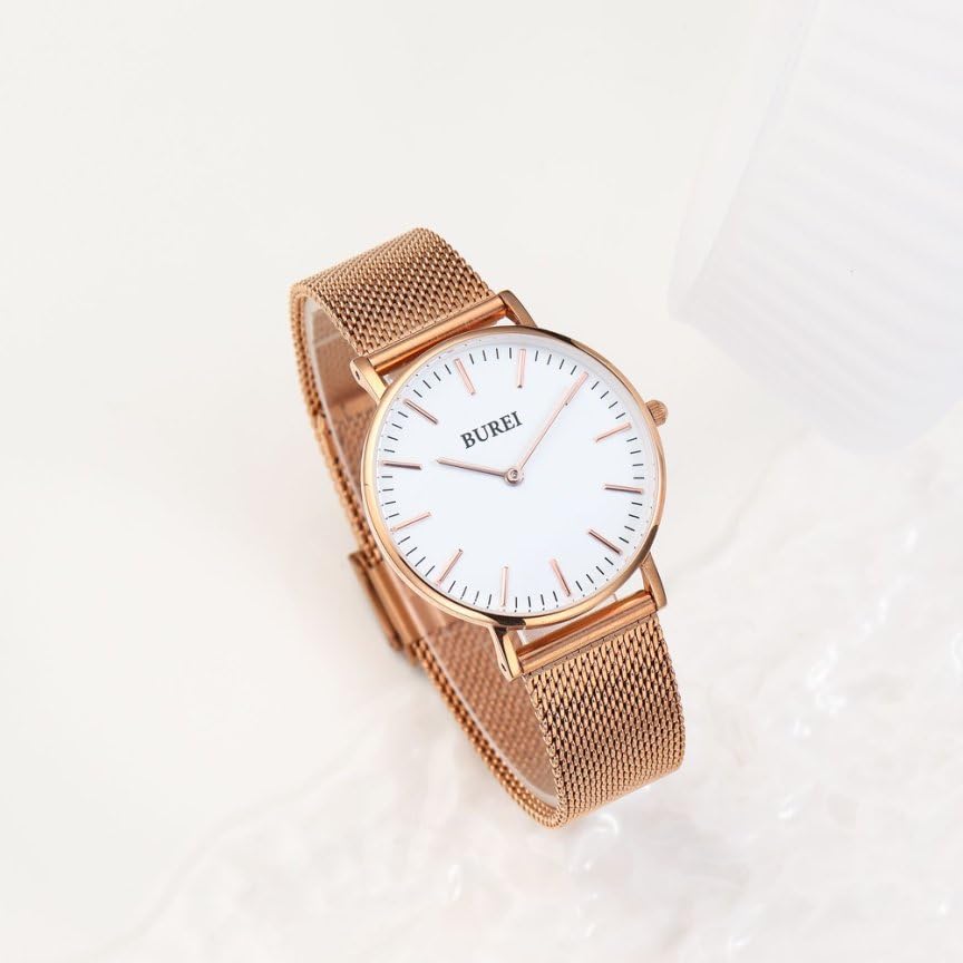 BUREI Analoge Quarzuhr mit wasserdichtem Netz, stilvoll und beliebt für den Weg zur Arbeit, schlank und leicht, Rosé-Edelstahl-Armband für Damen, Freizeit, Schule,