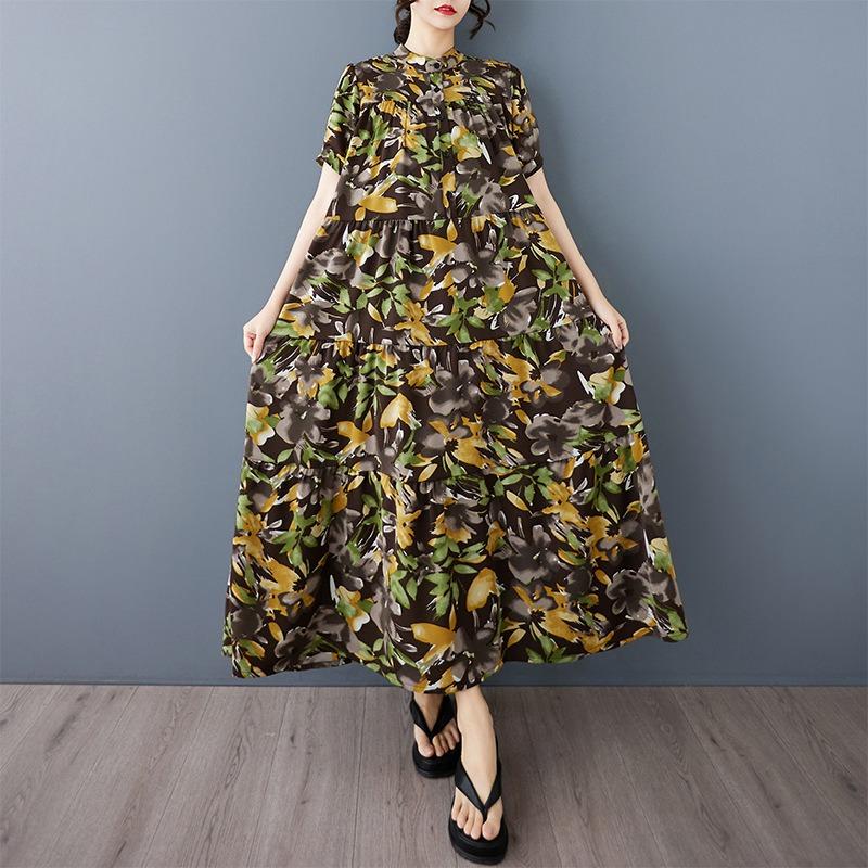 Summer New Round Neck Short-sleeved Single-breasted Casual Vacation Loose Pendulum Bohemian Foreign Trade Dress Women