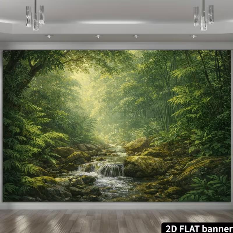 2D Misty Jungle Banner with Ferns and Mossy Rocks Photo Booth Background Cloth