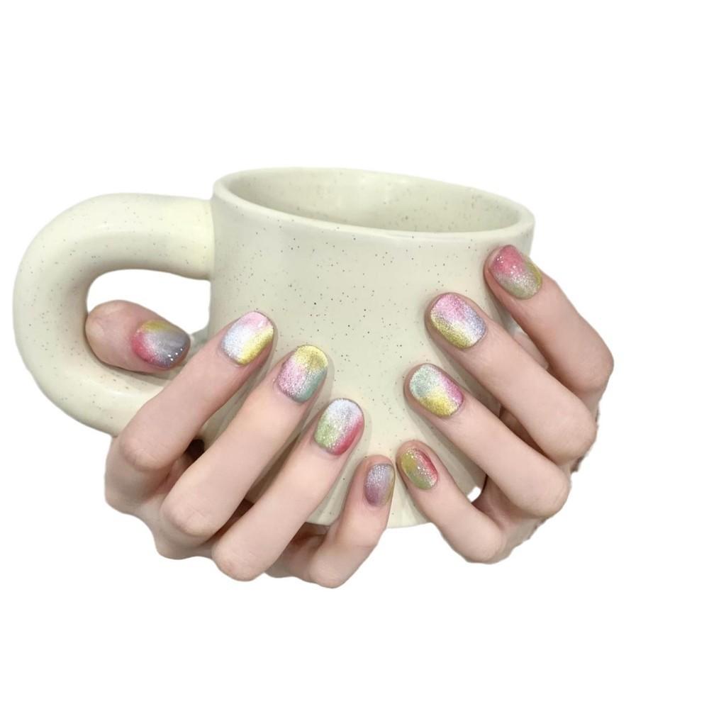 HANDMADE Artificial Nail Candy Rainbow Glass Beads Cat Eye Short Style Fake Nail Set With Glue Reusable and Removable Press On Nails