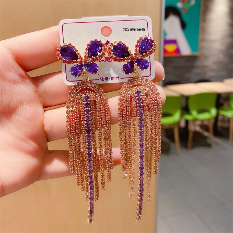 S925 Silver Needle Rhinestone Tassel Earrings - Exquisite Long Claw Chain with Colored Diamonds, European & American Style