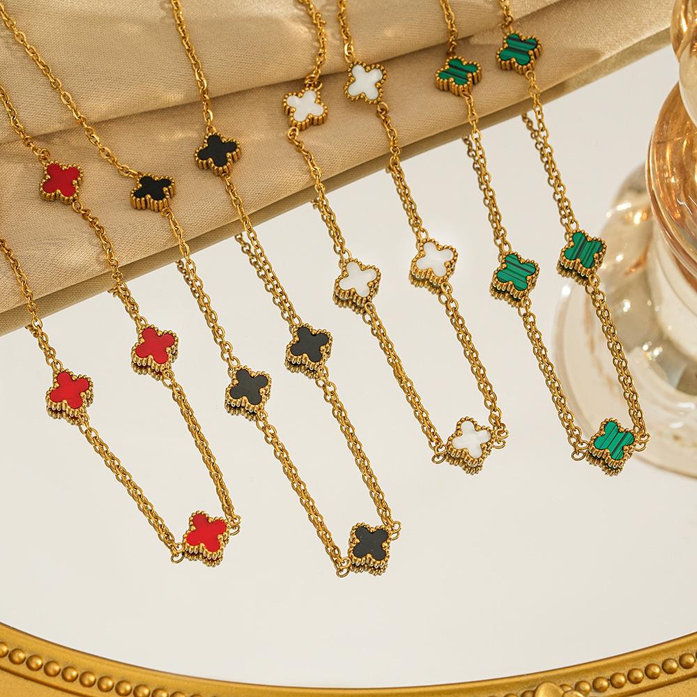 Double Sided Shell Necklace with Four Leaf Clover and Five Flower Mother of Pearl Collarbone Chain, 18K Gold High-end Necklace