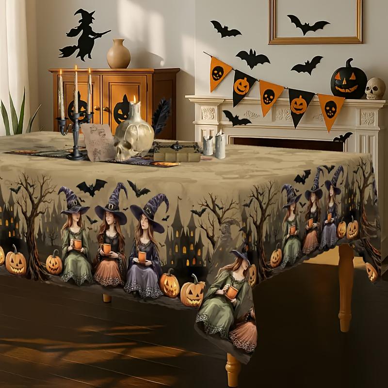 Ein vintage Halloween-Tischdecke mit Motiven von Hexen, Fledermäusen und Kürbissen, geeignet für die Heimdekorationzyc
