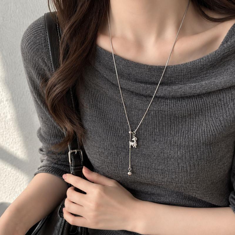 Silver Splicing Pull Asymmetric Sheep Pendant Necklace Long Sweater Chain Anti-Fade Trendy Jewelry for Music Festival Accessory