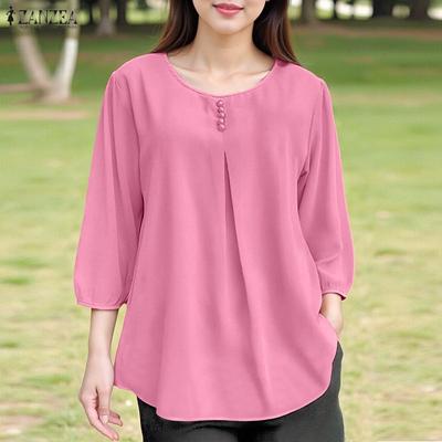 Women Casual Round Neck Loose Solid Color 3/4 Sleeve Blouse