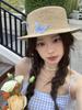DIY bow flat top sunscreen straw hat women's retro pearl design vacation seaside beach sunshade summer