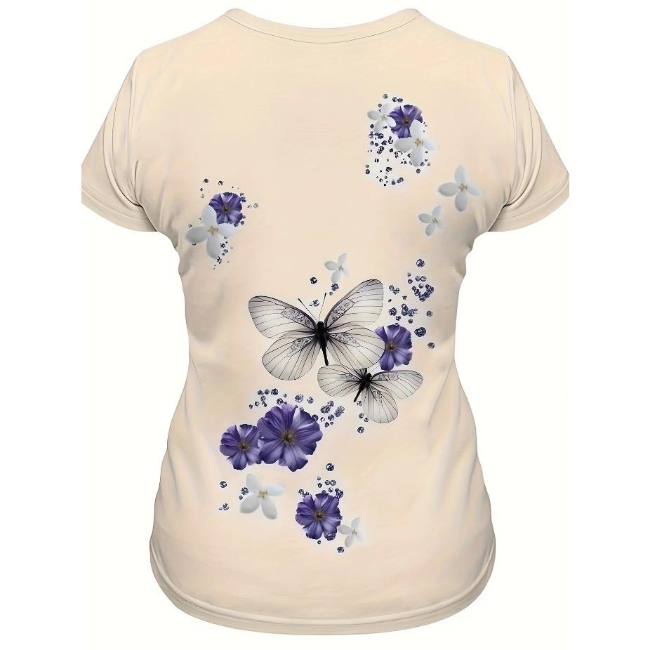 Women's 3D Printed Butterfly & Floral Casual T-Shirt - Vibrant Purple/White/Black/Blue/Grey, Breathable Machine-Washable Fabric, All-Season Comfort