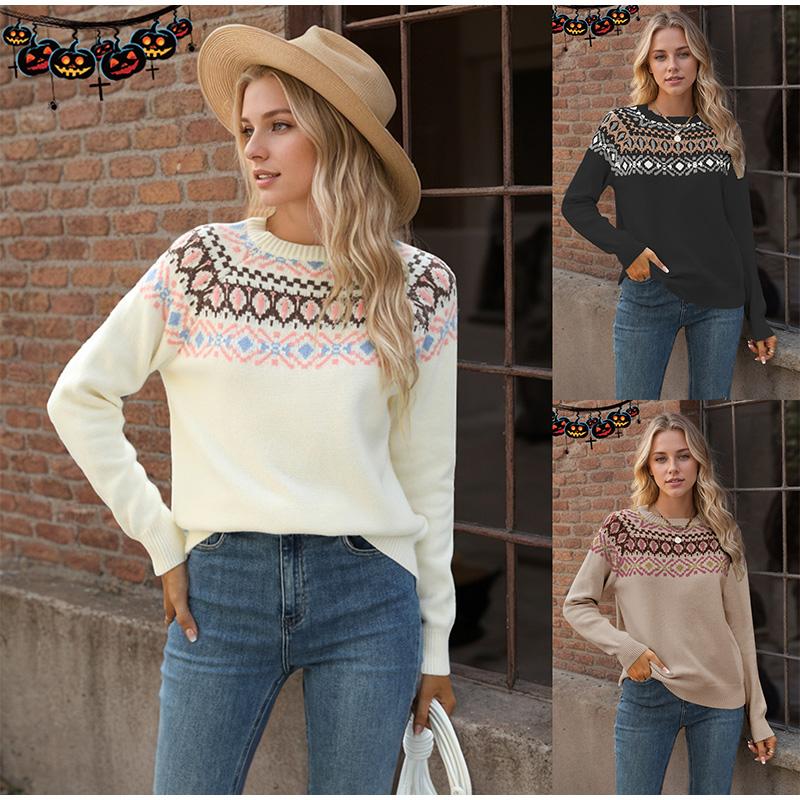 Autumn Winter Vintage Women Knit Sweater Patchwork Slim Female Pullover