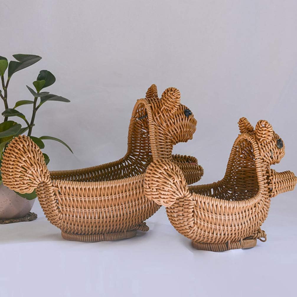 EXCEART Squirrel Shape Woven Storage Basket with Lid - Handwoven Rattan Storage Basket Organizer Squirrel Shape Woven Wicker Food Fruit Vegetable