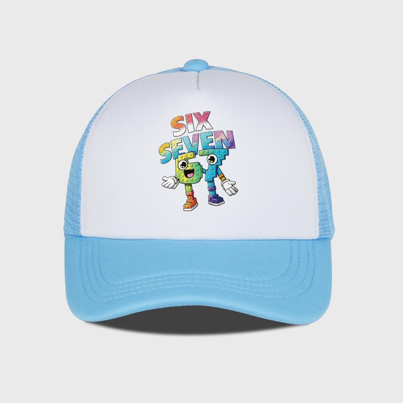 Sechs Sieben Cartoon-Zahlen-Print Schwamm-Netzkappe – Unisex Bunte Baustein-Netz-Baseballkappe – Verstellbar, Atmungsaktiv Sonne H white
