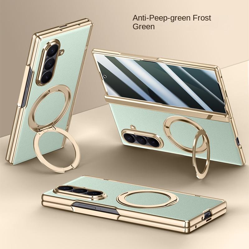 For Samsung Galaxy Z Fold 7  Leather 360° Swivel Bracket Magnetic Tempered Glass Front Membrane Anti-Drop Fingerprint Phone Case
