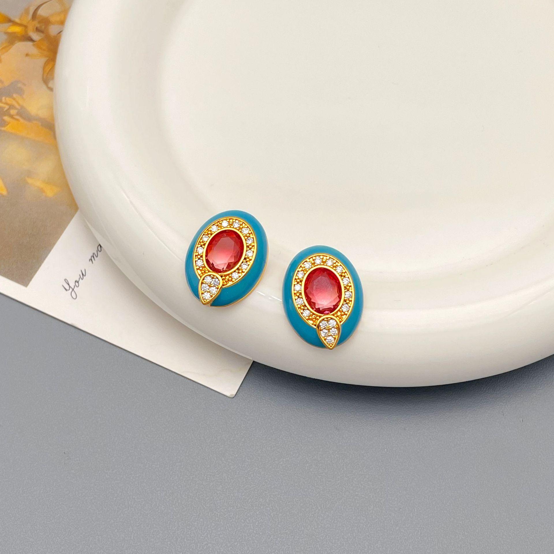 

Французские ретро серьги-гвоздики овальной формы с цирконом и эмалью - Летняя модная бижутерия