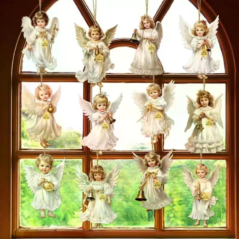 12pcs Vintage Christmas Angel Wooden Pendants, Artificial Wood Hanging Ornaments Perfect For Home & Outdoor Holiday Decor