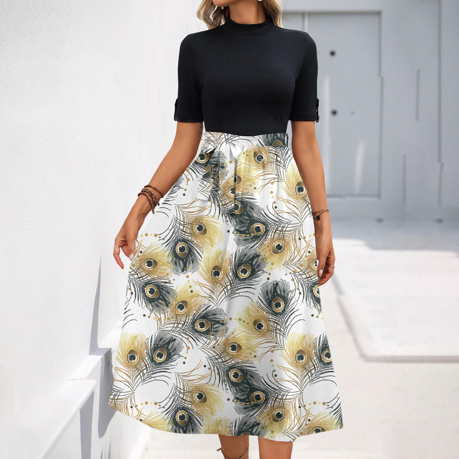 

Women s Fashion Casual Belt Short Sleeve Round Neck Floral Elegant Temperament Dress XL білий