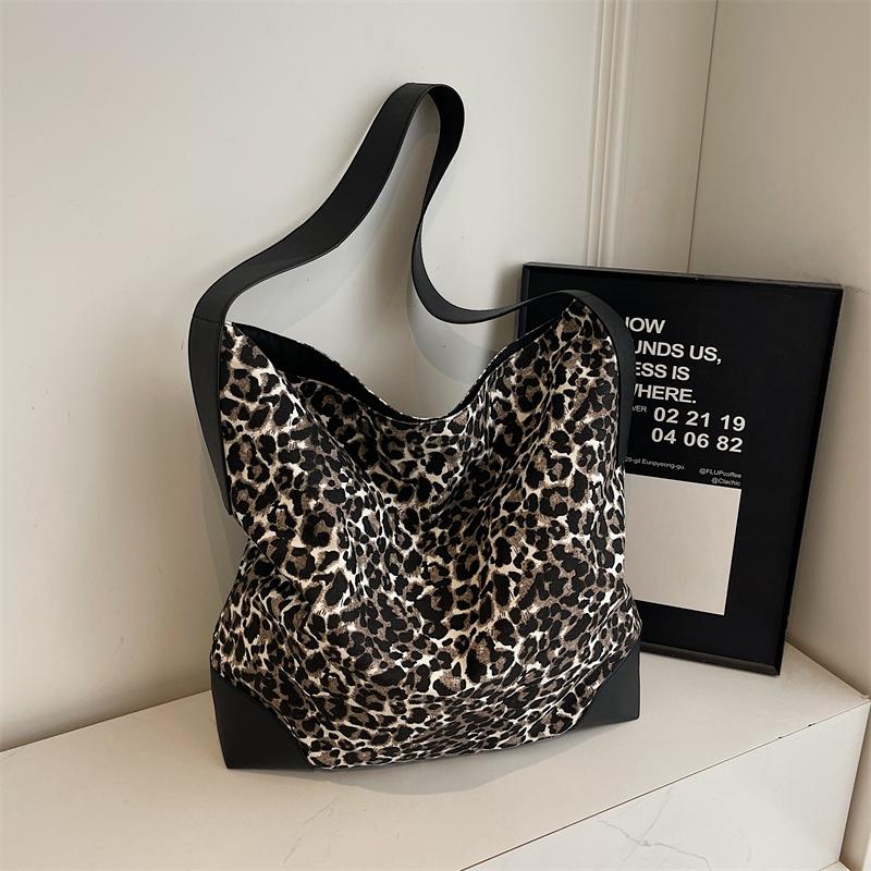 Leopard Print Large Capacity Tote Bag Women's Vintage Canvas Shoulder Crossbody Bag
