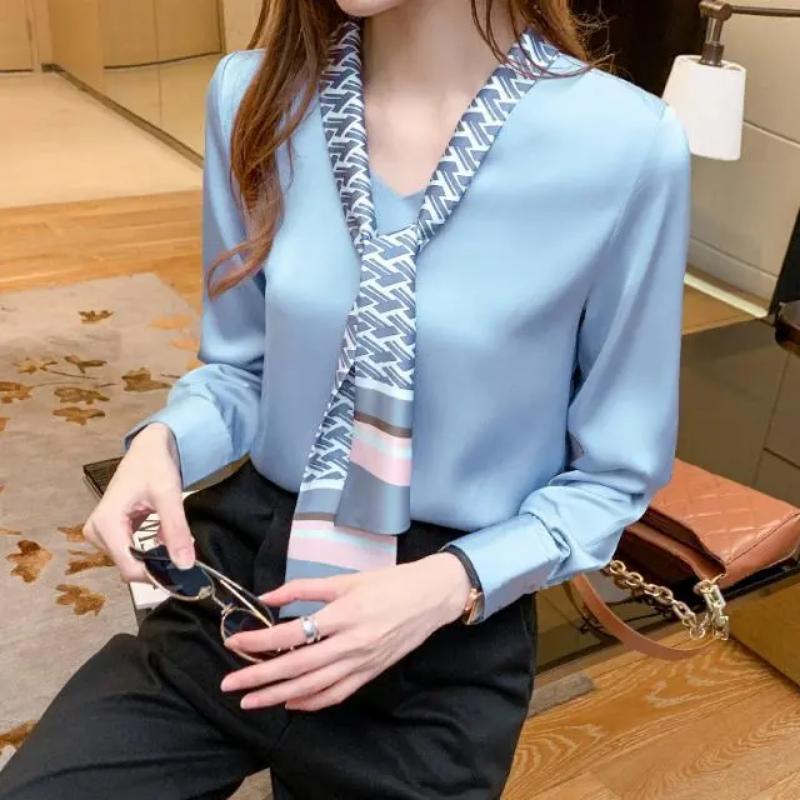 Spring Autumn Solid Color V-neck Long Sleeve Blouse Women High Street Casual Loose Pullovers Elegant Satin Face All-match Tops