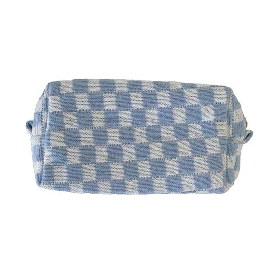 

Checkered Makeup Bag for Women Knitted Travel Cosmetic Pouch Portable Plaid Toiletry Organizer with Zipper for синій