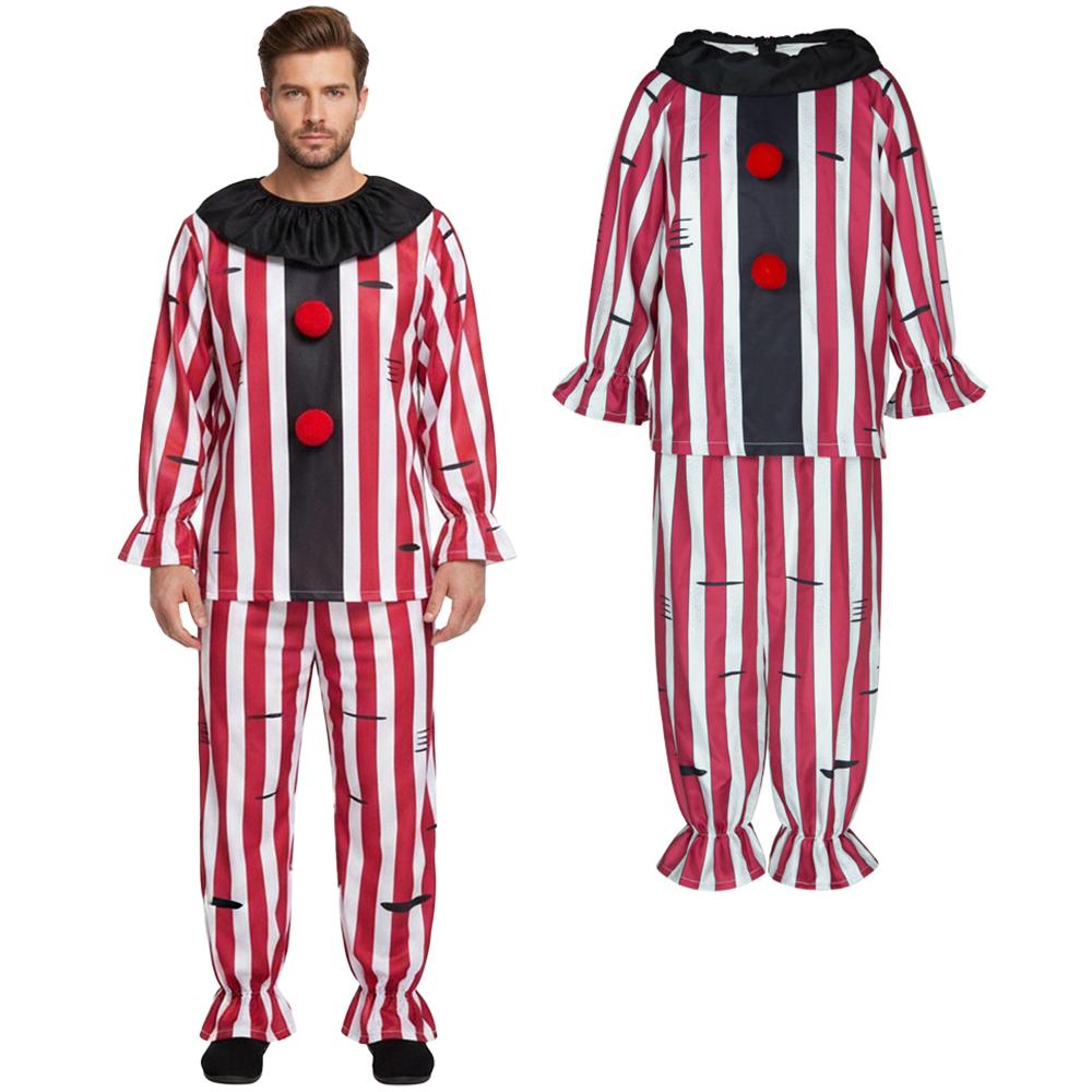 Clown Costume Red And White Vertical Striped Loose-fitting Outfit With Pleated Top Pants Adult Prank Costume Halloween Costume