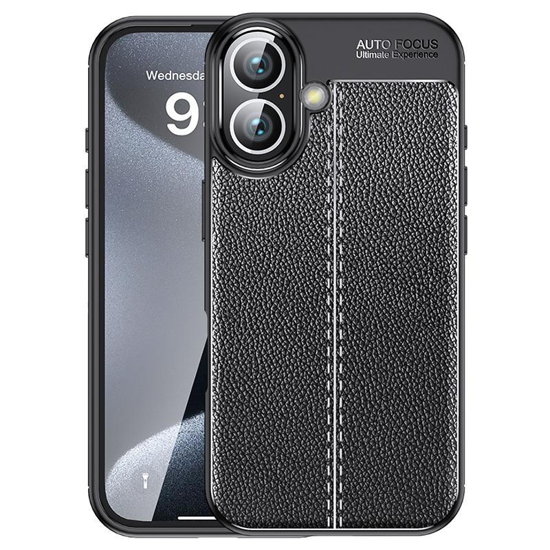 

For iPhone 16 Case Litchi Texture Back TPU Phone Cover Black