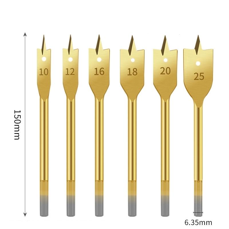 1 Set 6 Pcs Spade Drill Bit Set Paddle Flat Bits Hole Cutter Titanium Coating Carbon Steel Woodworking Tool 10/12/16/18/20/25mm