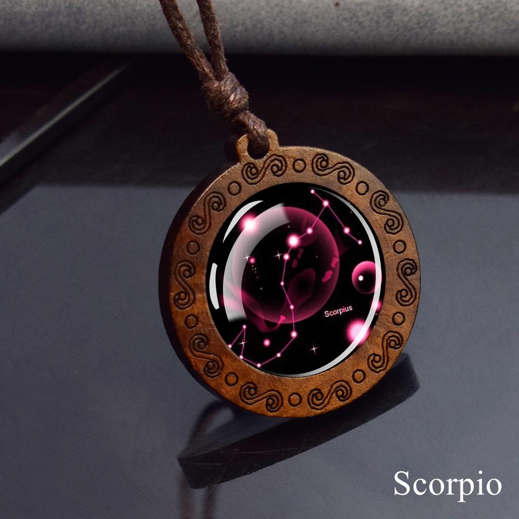 12 Constellation Necklace Starry Sky Zodiac Round Glass Wood Pendant Necklace Birthday Gift Couples Jewelry